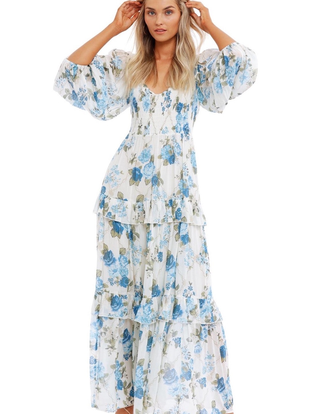 Rose Garden Gown Spell White Maxi Dress with Blue Floral Print